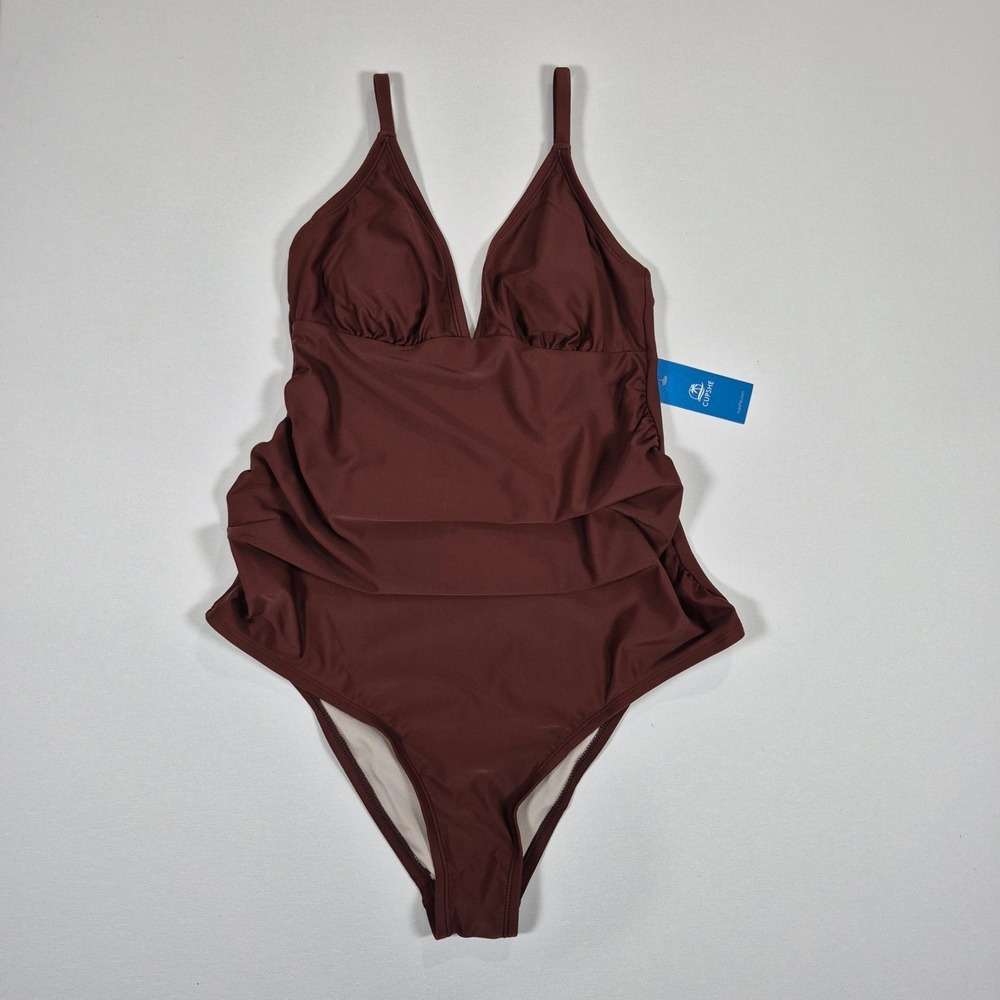 Cupshe Womens Maternity Brown Ruched V-Neck One Piece Swimsuit Size S NEW